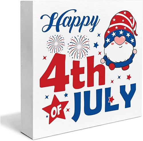 Letrero del 4 de julio, decoración del Día de la Independencia, feliz 4 de julio, caja de madera patriótica, gnomo, cuadrado, letrero de madera,