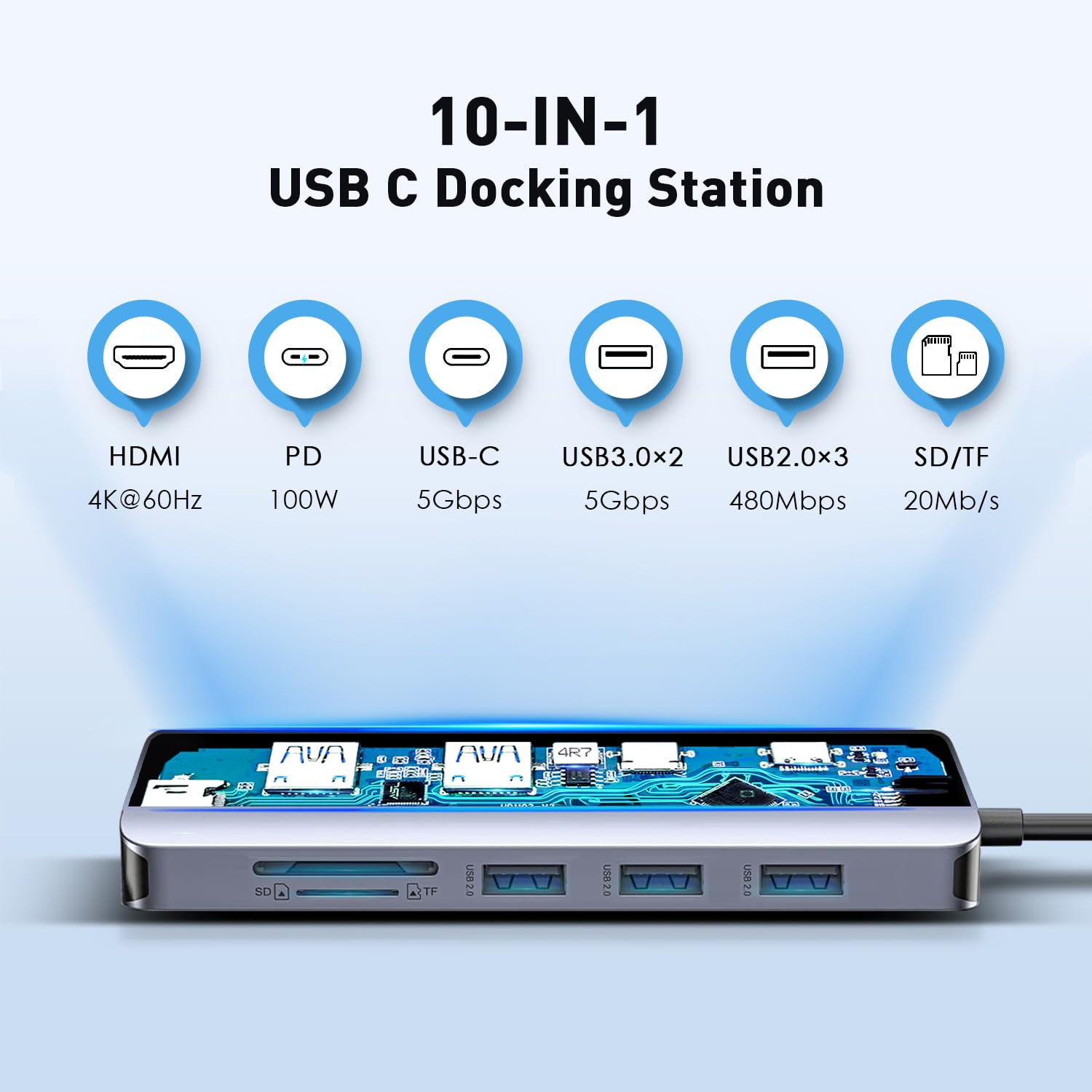 Hub USB C 10 w 1 z adapterem HDMI 4K, czytnikiem kart SD/TF, ładowaniem PD 100 W, 2 portami USB 3.0 i 3 portami USB 2.0 do MacBooka Pro/Air, Dell XPS, Lenovo ThinkPad itp.