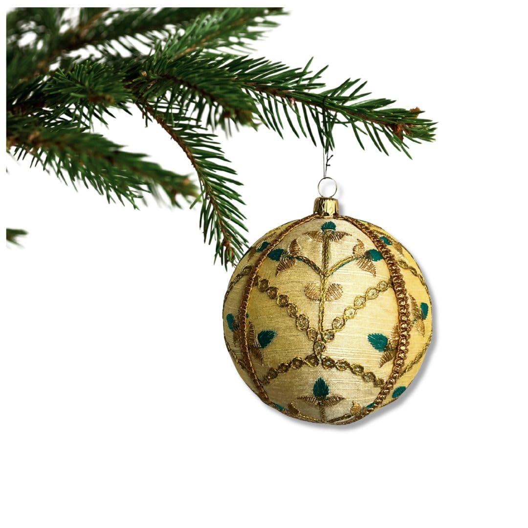 Lalit Bauble – Ivory with Gold & Teal Embroidery | 10cm | Handmade Luxury Fabric Ornament | Sustainable Home & Event Décor | Eco-Friendly Gift | UK Artisan Craft by Marisha Mistry