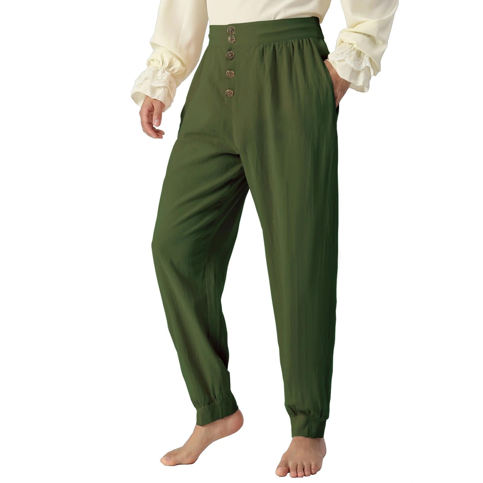 JIEFULL Pirate Pants Mens Renaissance Medieval Pant Ren Faire Viking Trousers with Retro Buttons, Army, X-Large