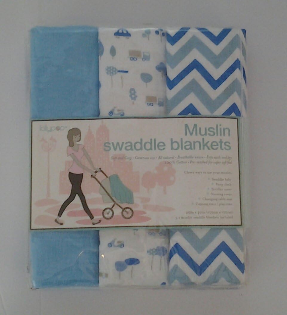 Muslin Swaddle Blankets -Blue (Solid Blue/blue White Chevron and Trucks)