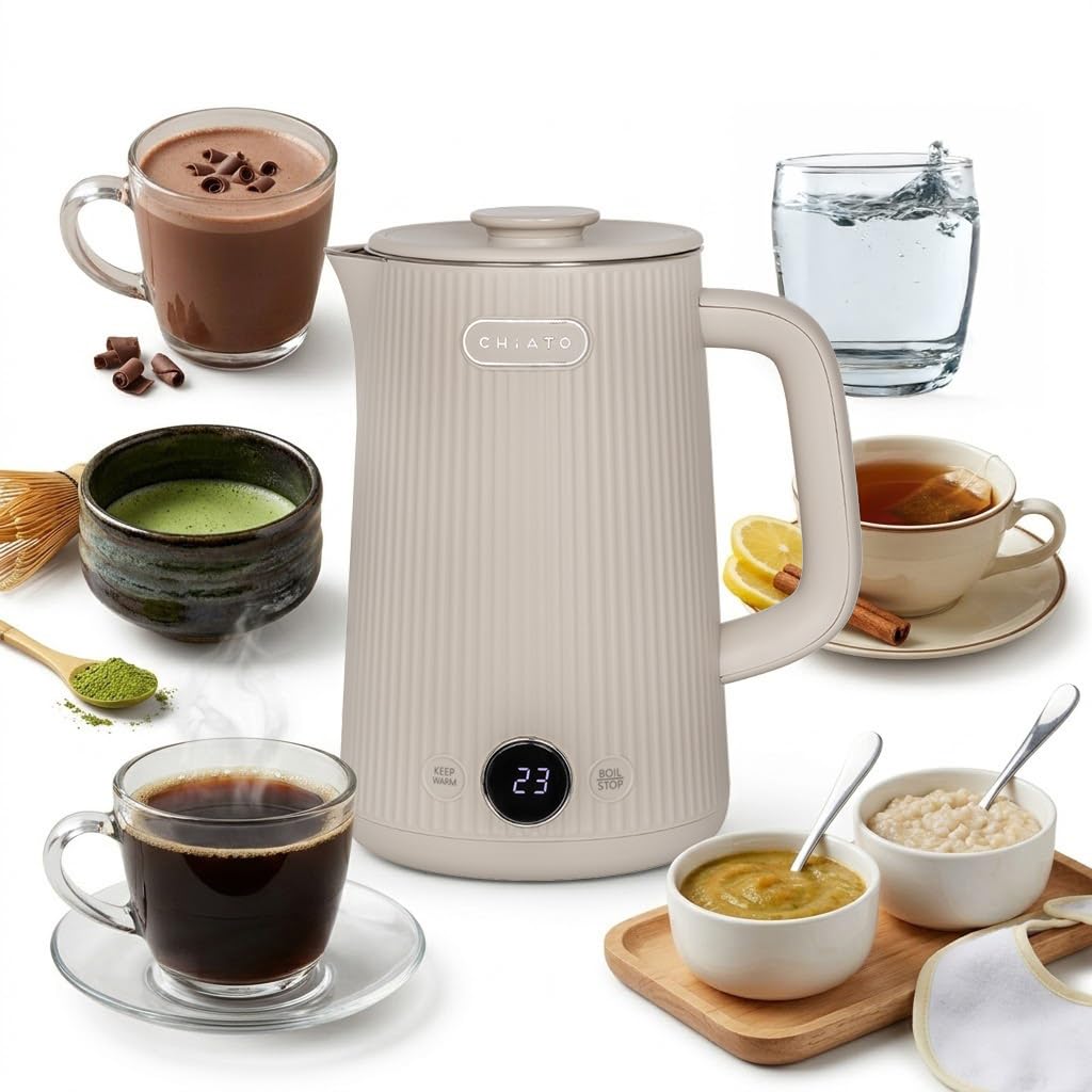 Bollitore elettrico da 1,7 l, in acciaio inox, 2200 W, 6 temperature da 45 a 100 °C, display a LED, per tè e caffè, sabbia