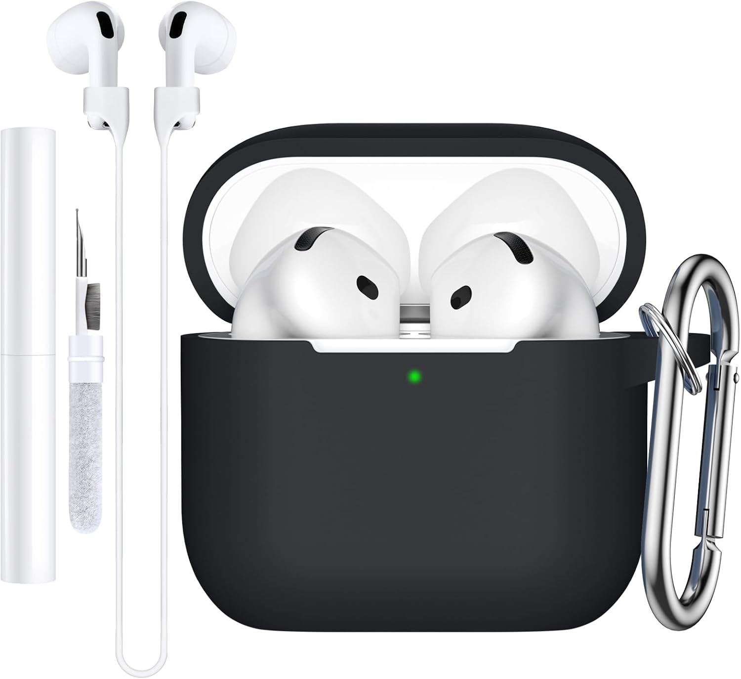 Charlam Compatible with AirPods 4, Soft Silicone Shockproof Case for Apple AirPods 4th Gen, Drop Protection Case with Keychain, Cleaner Kit & Anti-Loss Strap, Black