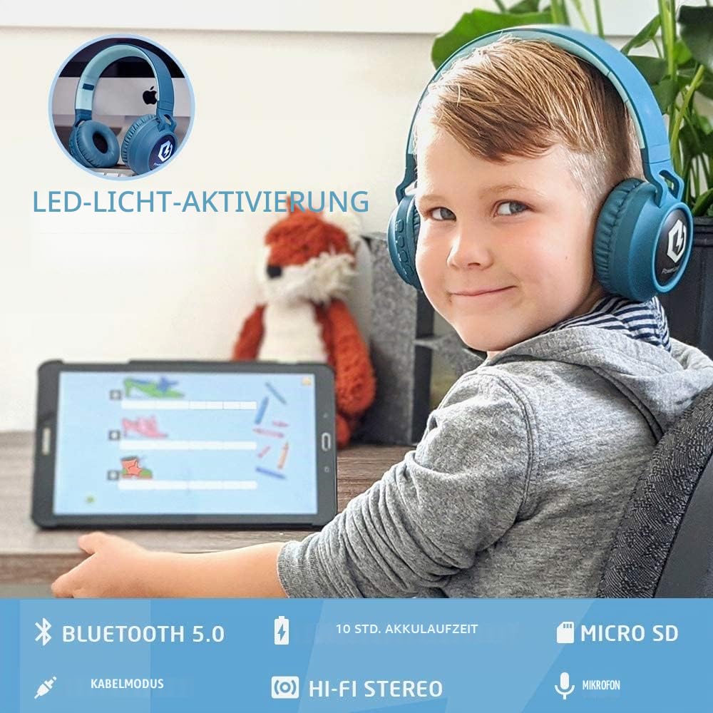 PowerLocus Kinderkopfhörer Bluetooth, Kinder Kopfhörer Over-Ear mit 85db Lautstärkebegrenzung LED-licht Faltbare HD Stereo, Kabellose und Kabel, eingebautes Mikrofon für Handy, Tablet,PC,TV
