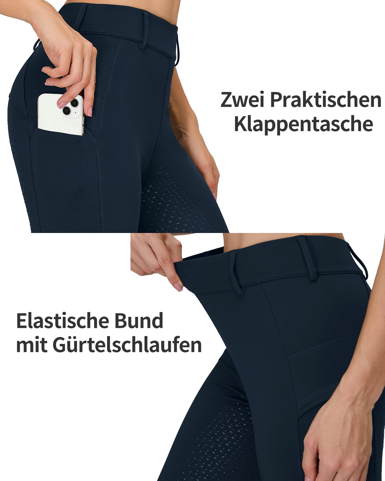 Leggings de equitación de invierno para mujer, con ribete completo, térmicos, forrados, impermeables, con trabillas para el cinturón para teléfono móvil