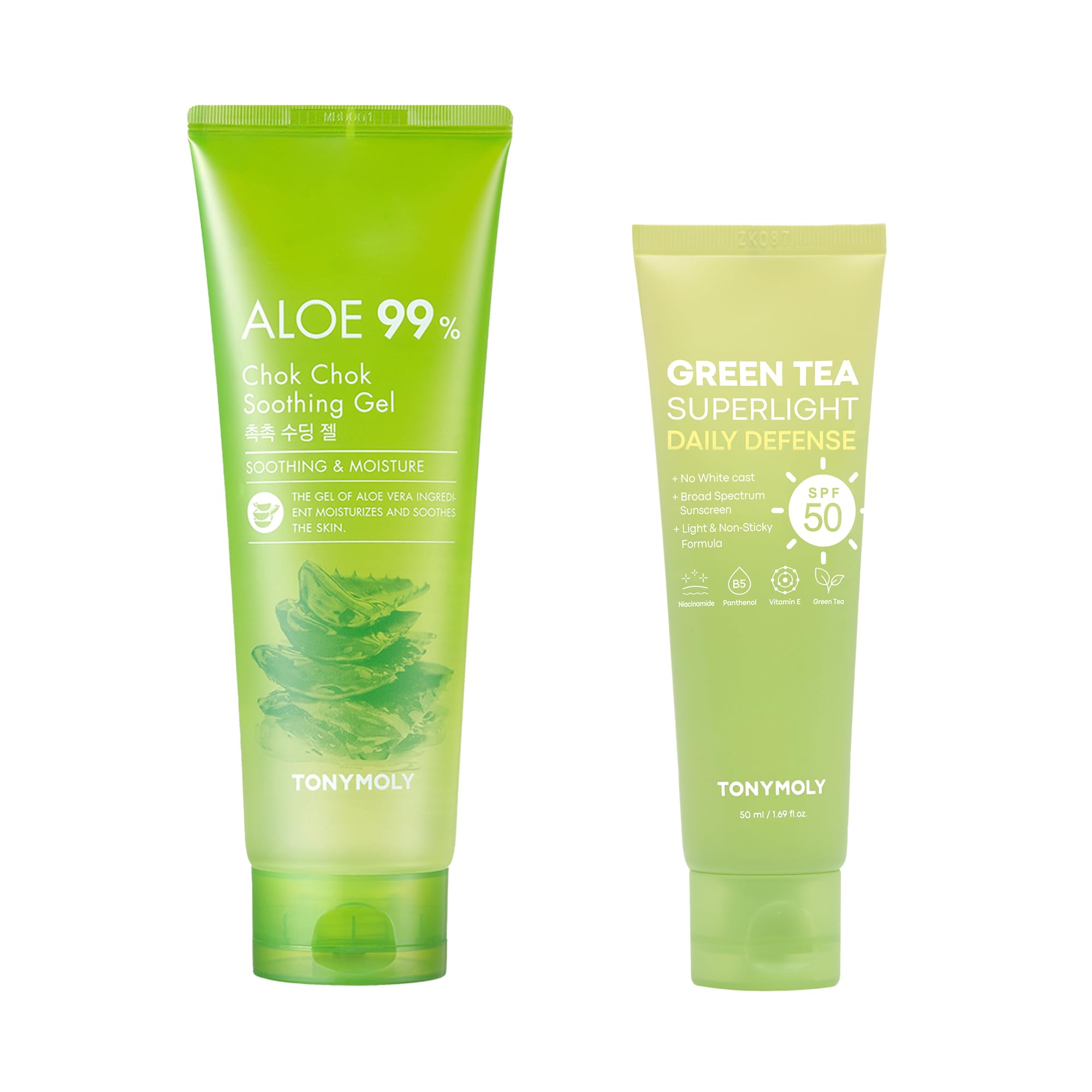 TONYMOLY Green Tea SPF 50 Sunscreen Chok Chok Aloe Vera Soothing Gel - Korean Skincare Bundle 50ml 8