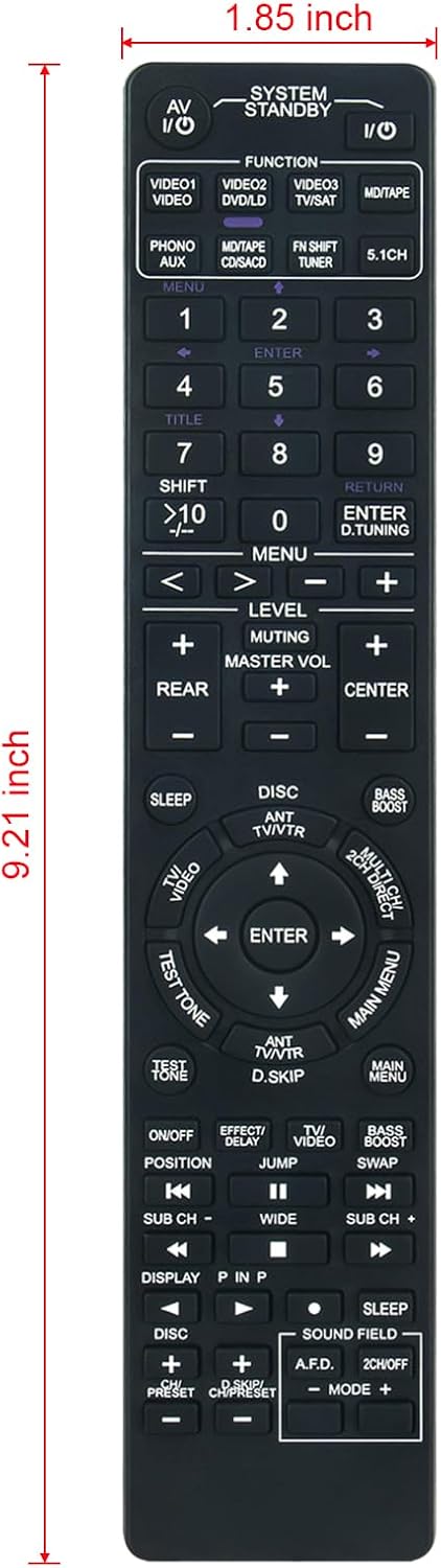 Image showing the dimensions of the VINABTY RM-U303 RM-U305 remote control: 9.21 inches in length and 1.85 inches in width.