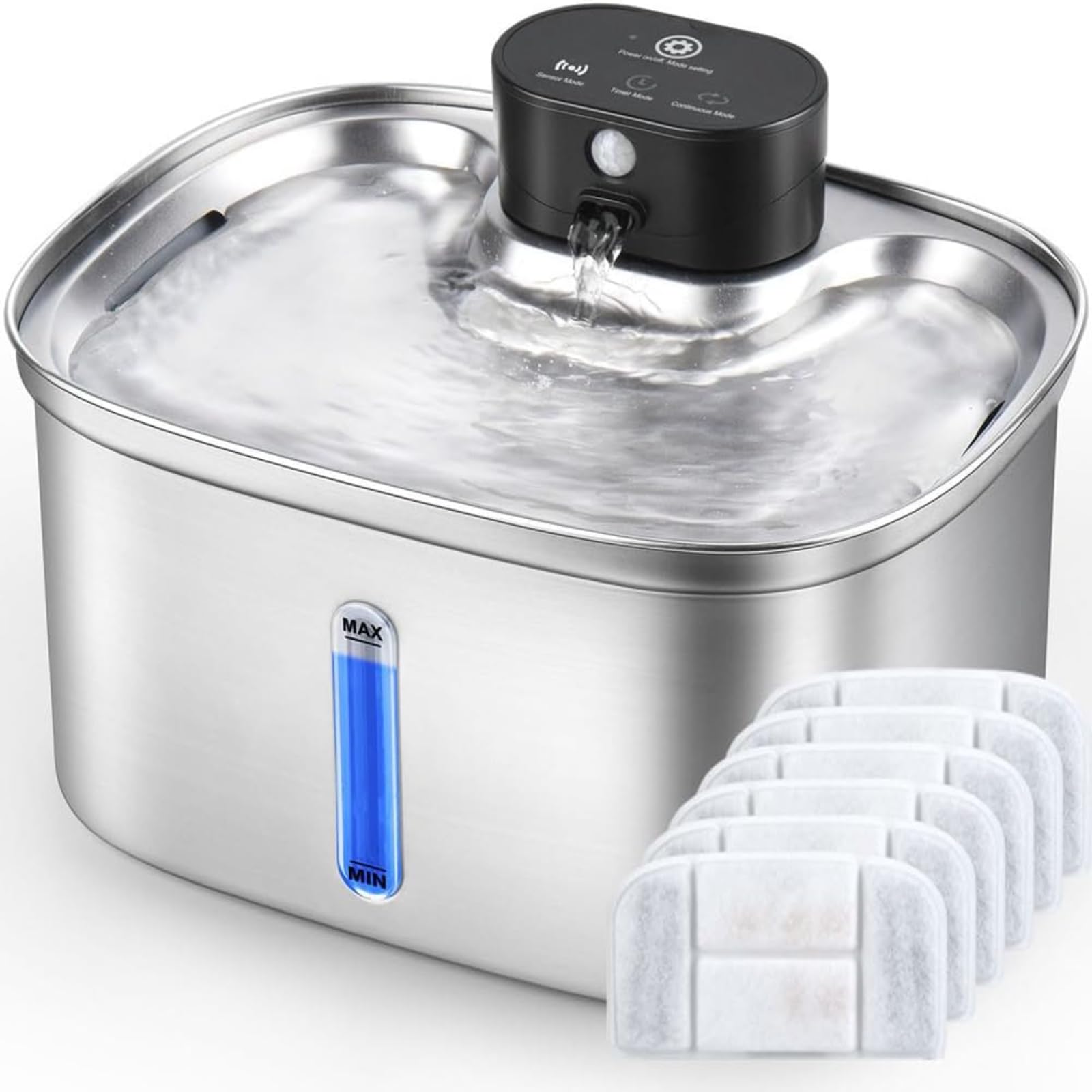 Fuente de Agua automática para Mascotas Acero 5L dispensador automático con batería 5000mAh 3 Modos Flujo Bomba Ultra silenciosa y 6 filtros Repuesto Gatos Perros