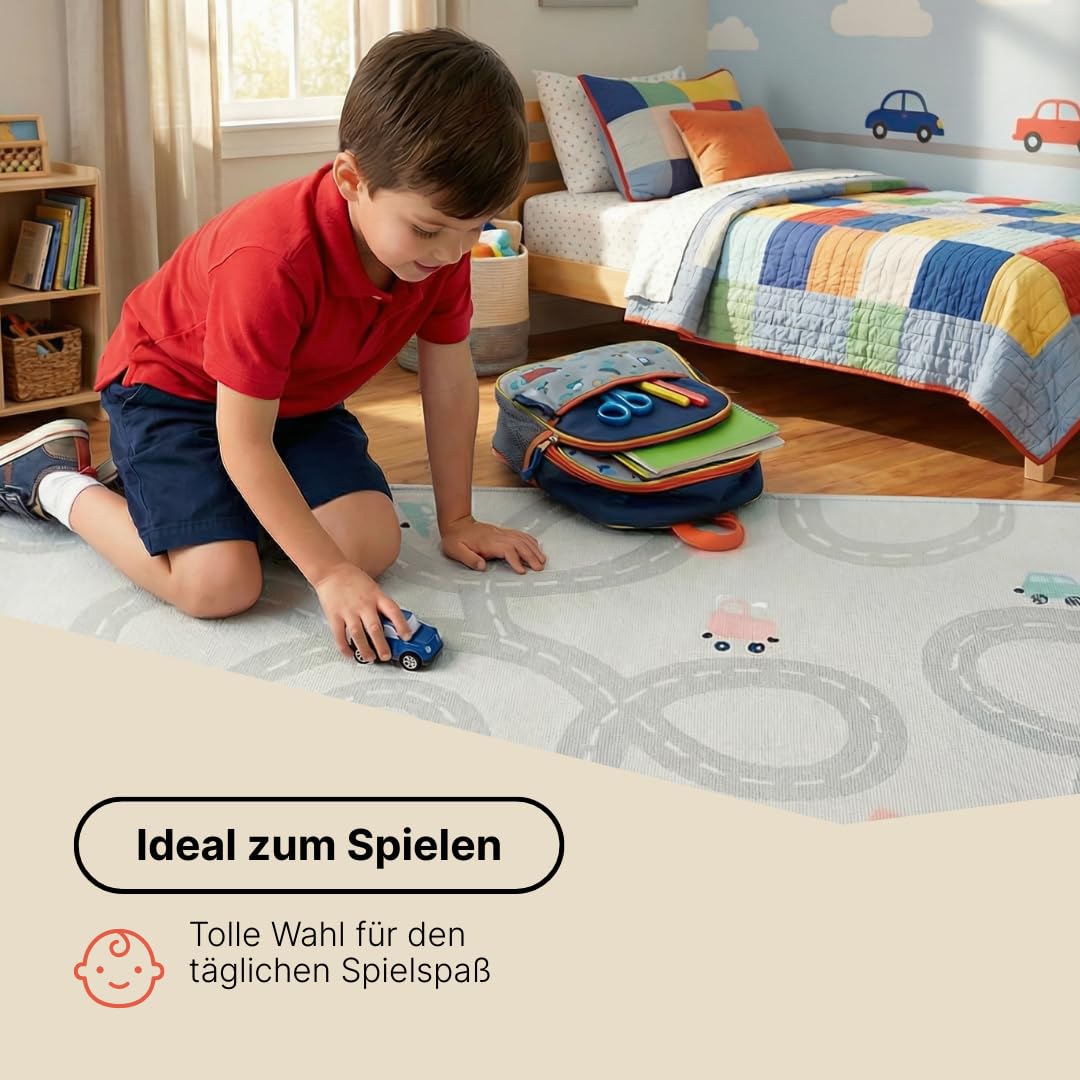 TAPISO Snooki Kinderteppich Straßen Auto Grau rutschfest 120 x 160 cm | Kinder Teppich Strapazierfähig Pflegeleicht weich Deko OEKO-TEX