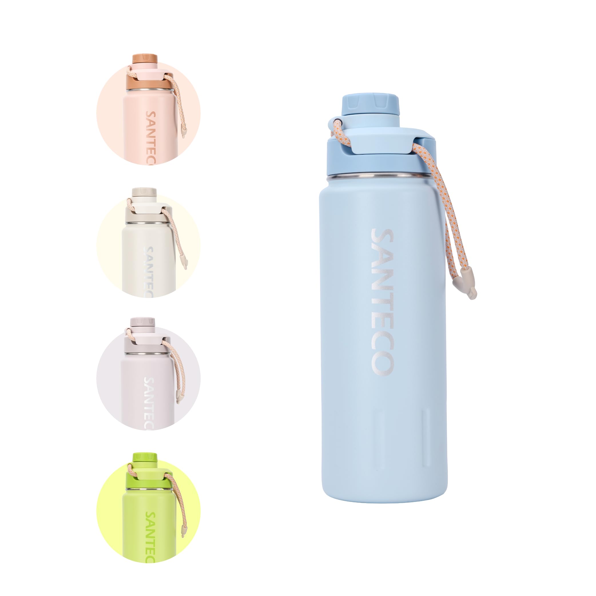 SANTECO Bottiglia d'acqua isolata (710 ml), bottiglia in acciaio inox con tracolla e chiusura a collo largo, a prova di perdite, bottiglia sottovuoto a doppia parete, mantiene le bevande calde e