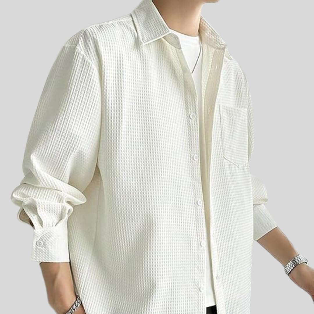 ROYALICA Men's Regular Fit Solid Pattern Popcorn Shirt with Long Sleeve Collar Neck Standard Length and Button Down Closure type