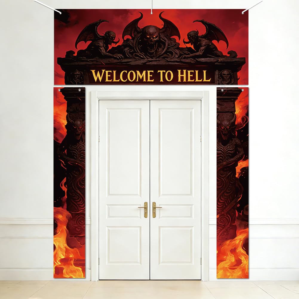 SUPERDANT 3pcs Hell Gate Porch Banner Set Weatherproof Fabric Welcome To Hell Sign With Hooks Rope Reusable Outdoor Door Couplet Photo Backdrop Halloween 180x30cm