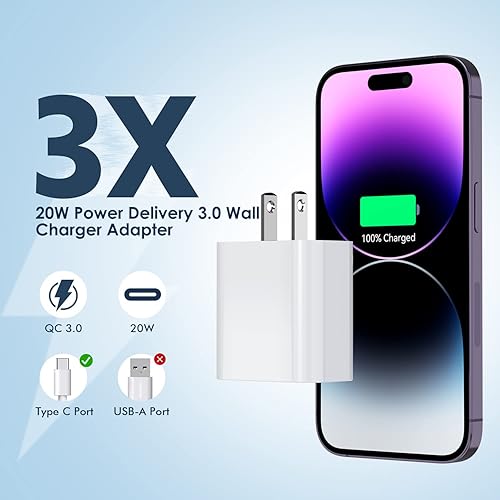 Miniatura 3 de Bloque de cargador para iPhone 1716, paquete de 3, bloque de carga rápida USB C de 20 W, bloques de carga rápida, adaptador PD tipo C para Apple