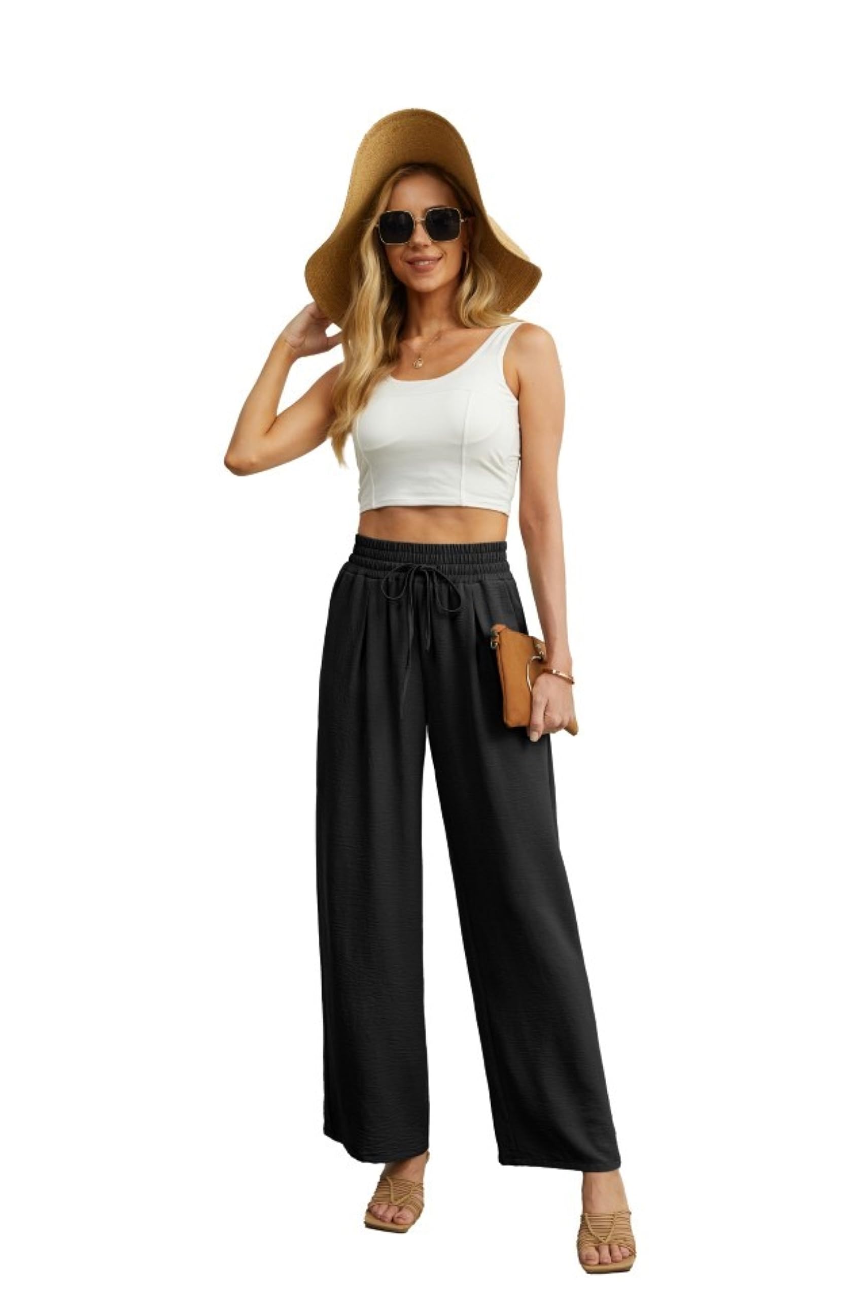 QIXING Weite Hosen Damen High Waist Palazzo Hose Gerade mit Taschen Yoga Stoffhose Damen Elegant Sommer Damenhose mit Gummizug