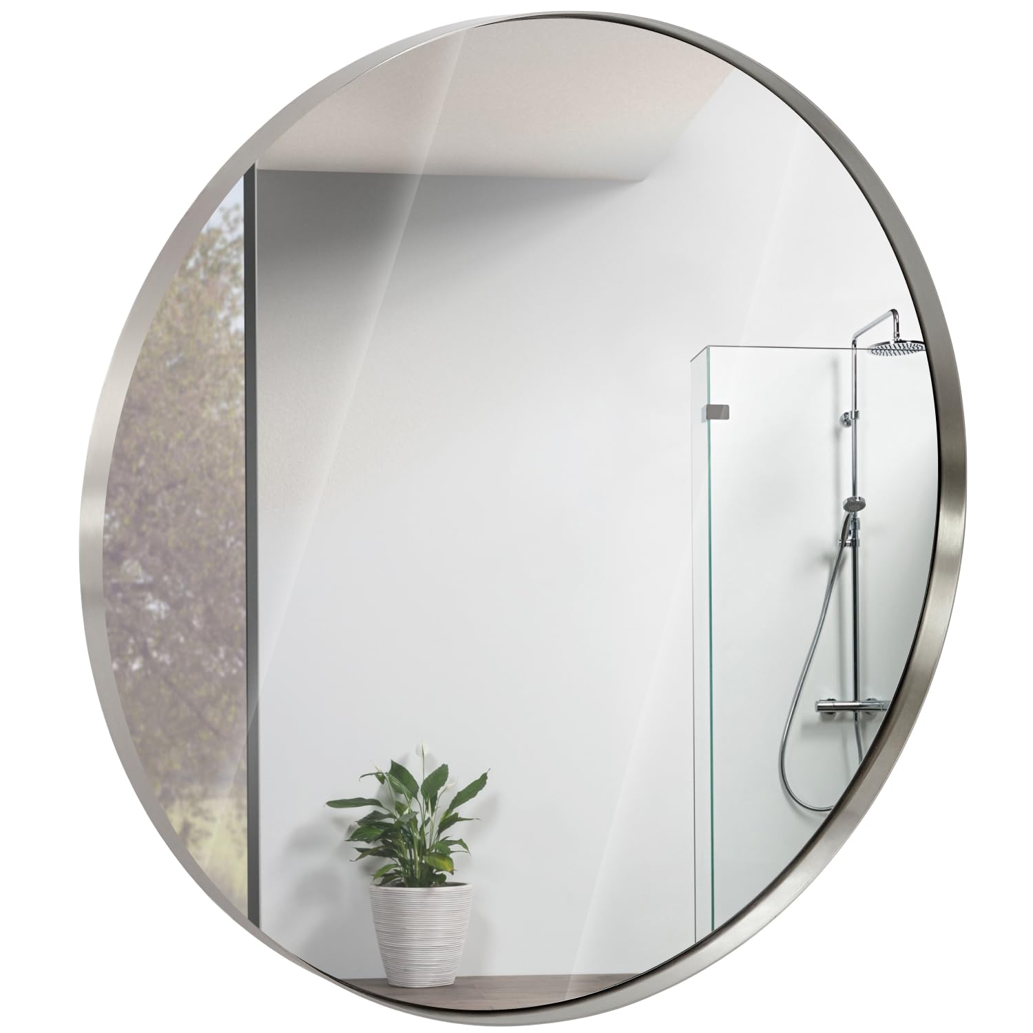 Hamilton Hills 35 inch Large Silver Round Mirror Brushed Metal Framed | Contemporary Classic Deep Set Design | Wall Mount Circle Mirror for Home Decor | Round Vanity Mirror for Bathroom and Bedroom