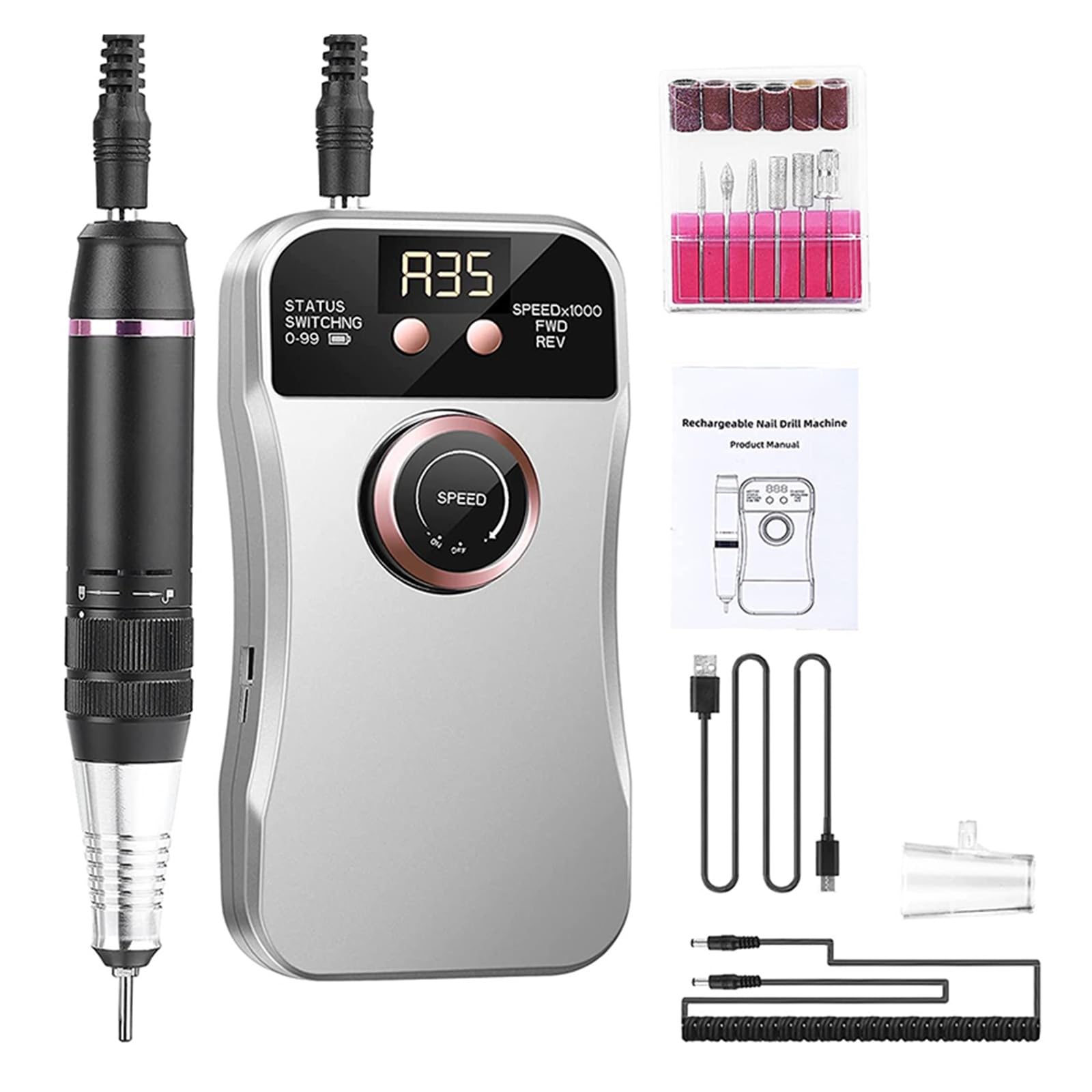 GaRcan Taladro de uñas, Profesional 35000 RPM Taladro de uñas eléctrico para uñas acrílicas USB portátil manicura pedicura para Quitar Pulido de Gel Herramientas Profesionales de uñas (Bianco A)
