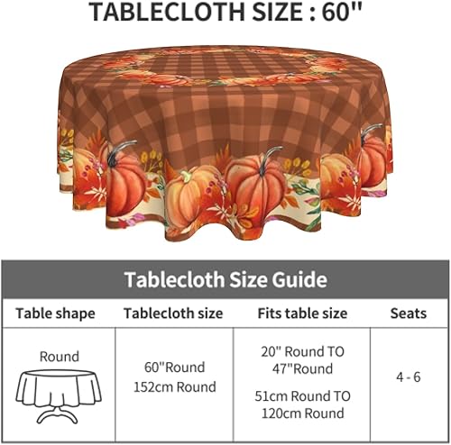Miniatura 6 de Giwawa Mantel redondo de calabaza de otoño, 60 pulgadas, hojas de arce otoñales, mantel decorativo a cuadros marrones para cocina, comedor,