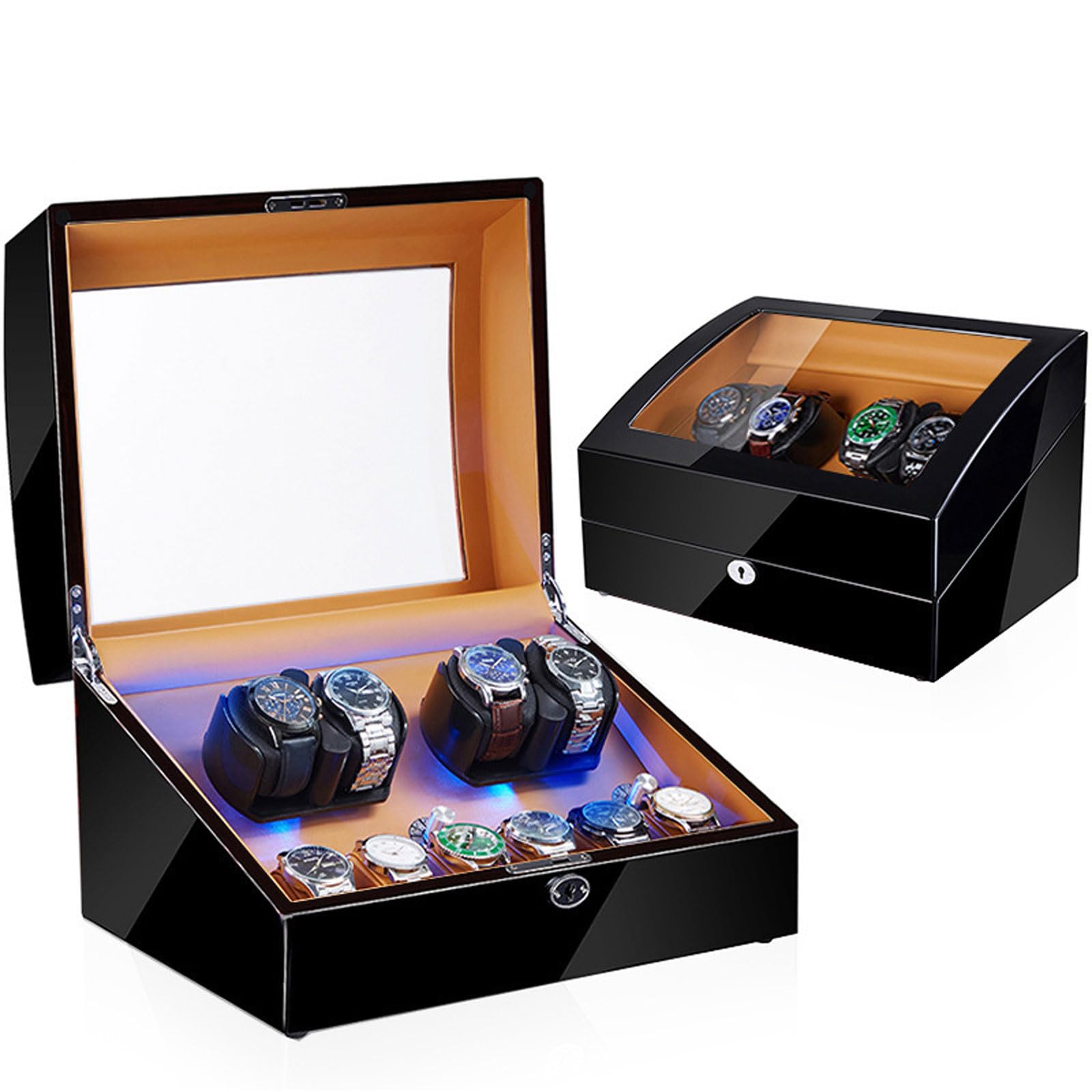 CGCSYZ Watch Winder For Automatic Watches 4 Watch Rotator And 6 Extra Storages,5 Rotating Modes Lockable Automatic Winders LED Backlight,Super Quiet Motor (4+6 Paint Black + Inner Brown Leather X)