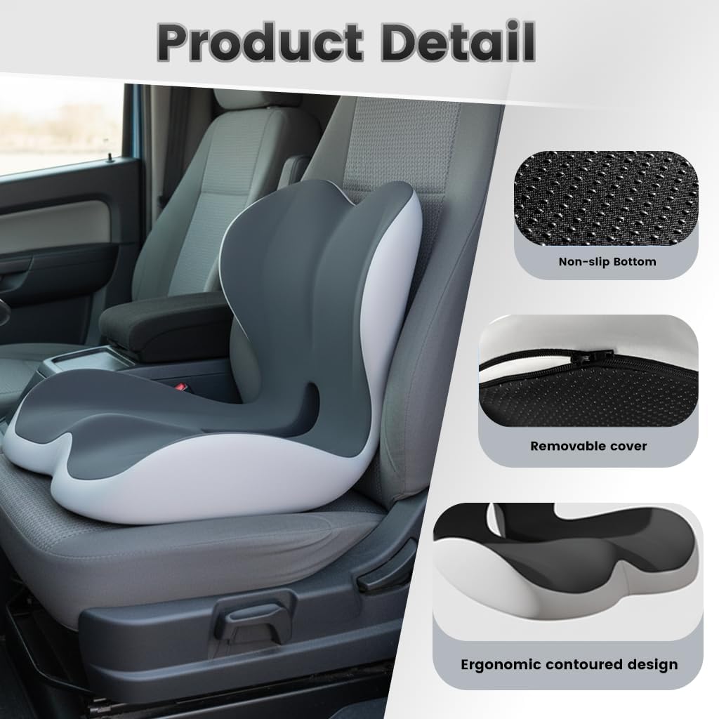 Truck Seat Cushion Ergonomic Memory Foam with Lumbar Support – Orthopedic Car Seat Cushion for Truck Drivers, Back Pain Relief, Non-Slip Cushion for Long Driving, Car & Office Chair
