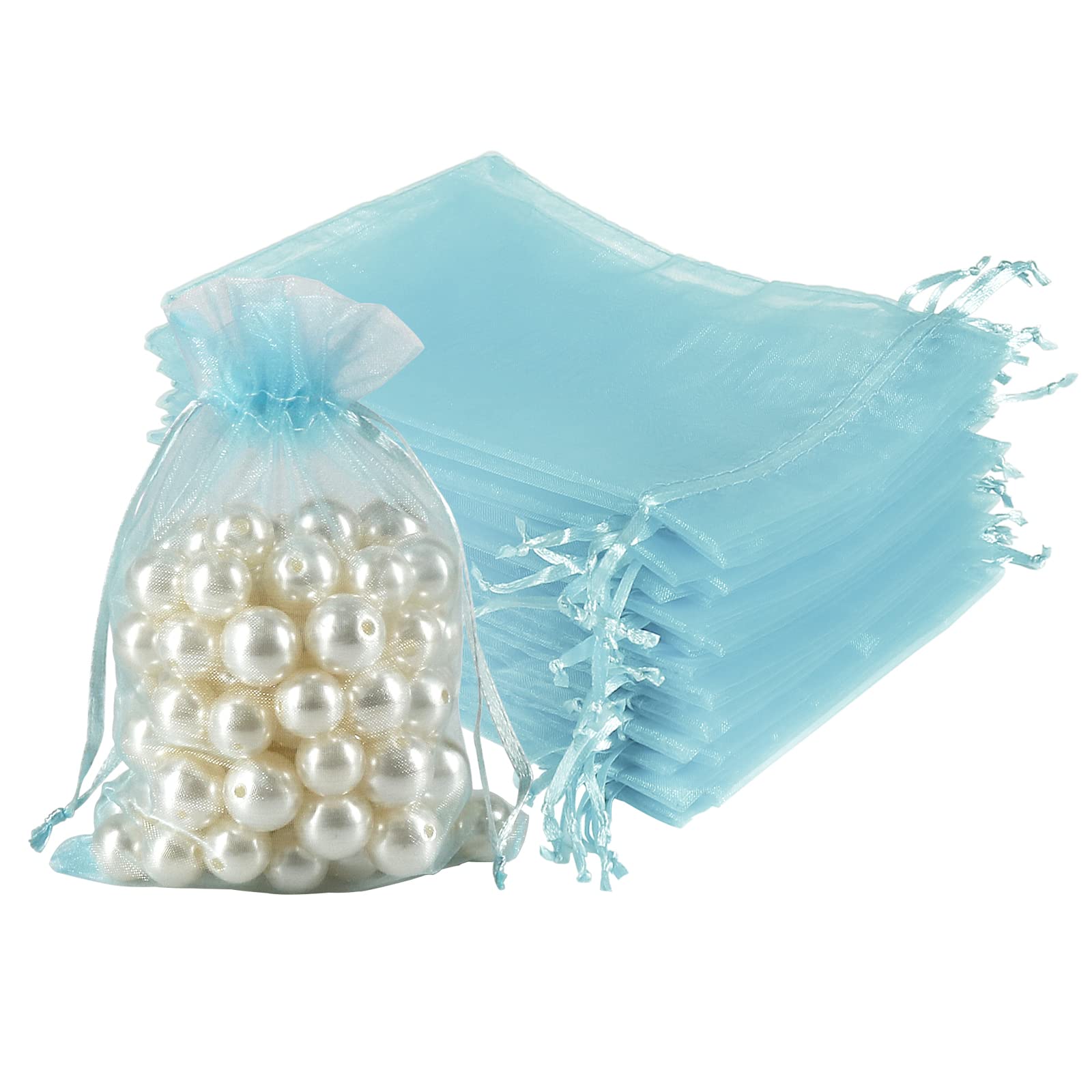 HRX Package 100pcs Organza Favor Bags 4 x 6 inch, Light Blue Mesh Bags Drawstring Sheer Jewelry Pouches for Small Gift Baby Shower Party Candy