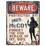 BEWARE PROTECTED BY MRS. MCCOY Beware of my wife Chic Sign Vintage Retro Rustic 9'x12' Metal Plate Home Room Door Wall