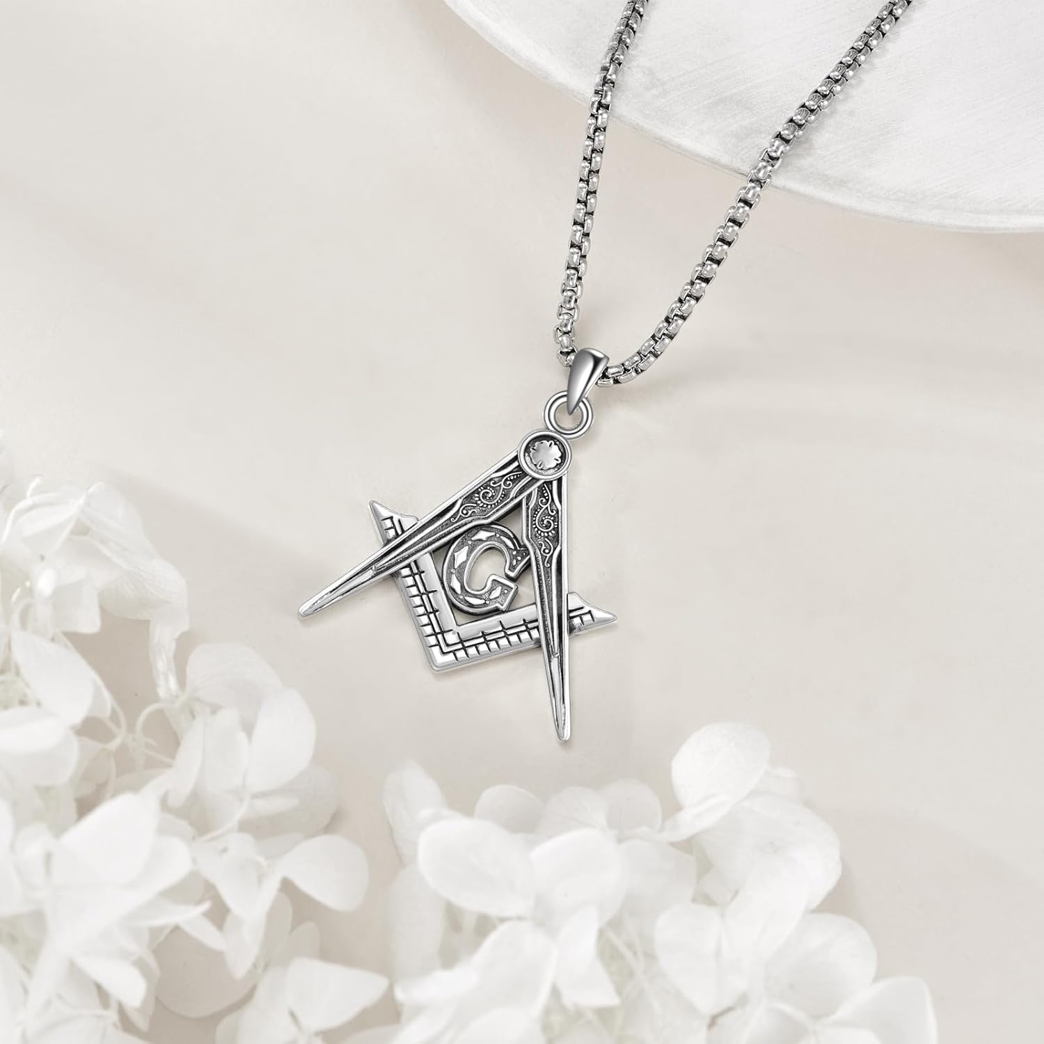 URONE Masonic Necklace 925 Sterling Silver Evil Eye Necklace Free and Accepted Masons Pendant Freemason Compass Symbol Jewelry for Men Women - Image 4