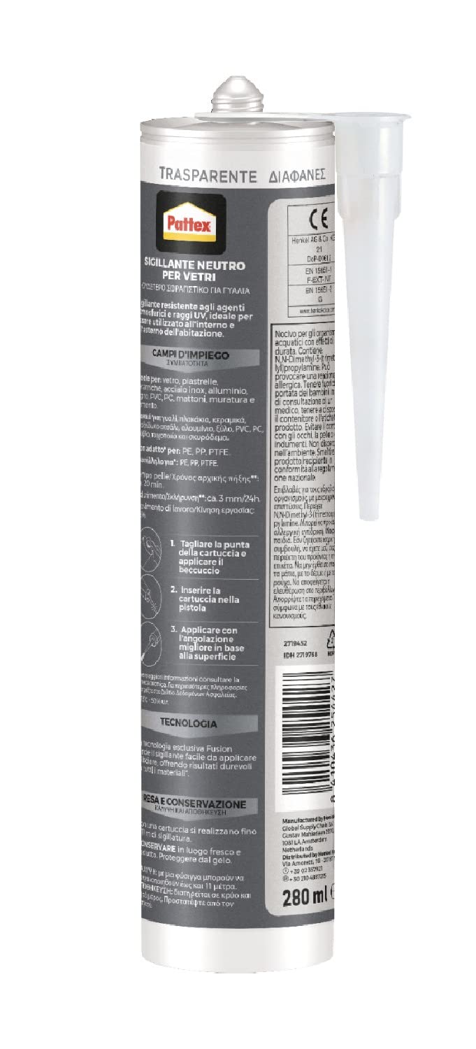 Pattex Sigillante Silicone Neutro per Vetri e Specchi, Incollare Specchi, Vetro e Muro, Metallo, Legno, Colore Trasparente, Cartuccia da 280 ml