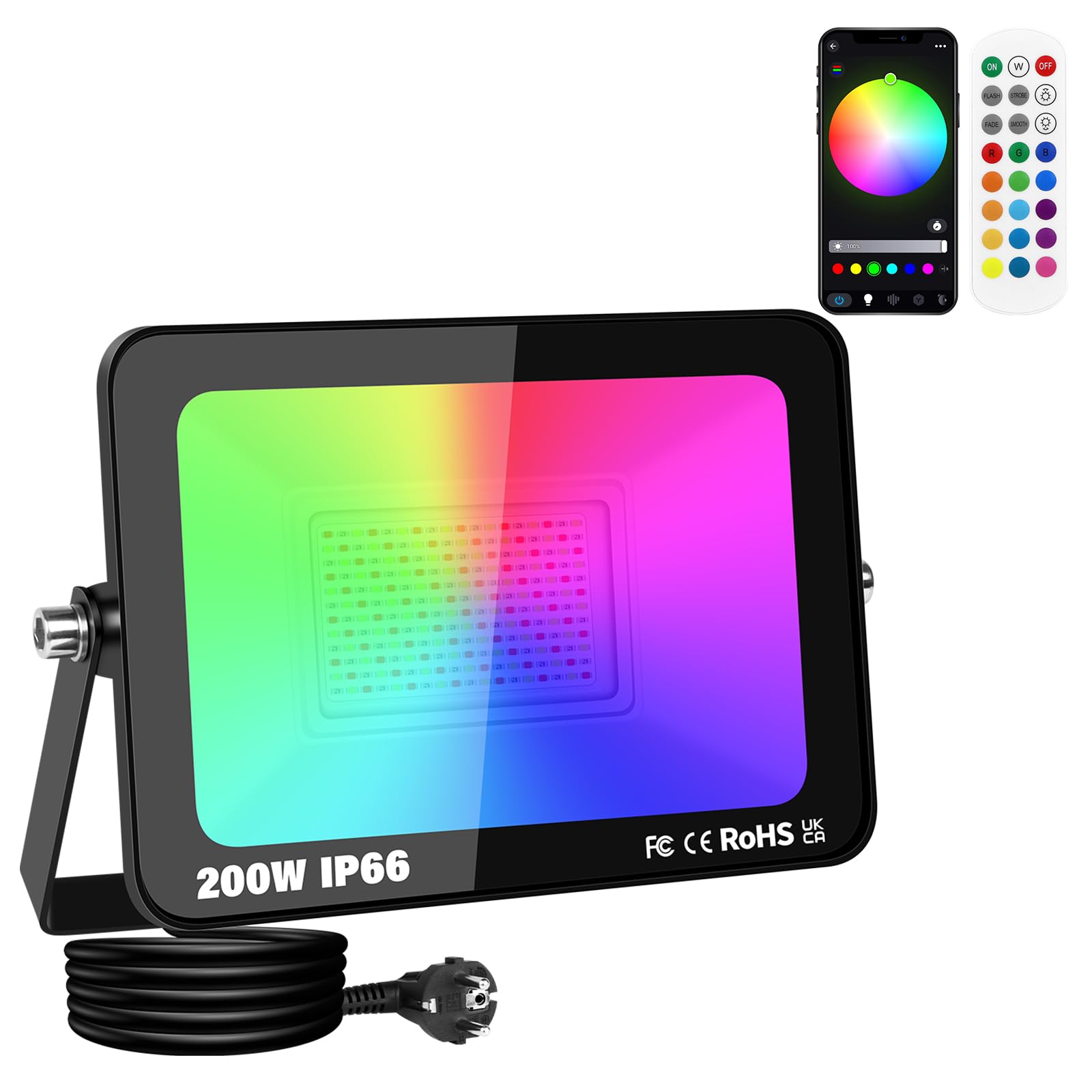 SKYWORLD 200W RGB LED Strahler mit APP Steuerung, 20000LM RGBW Strahler | Farbwechsel Flutlicht, Smart Dimmbar Timer Bunt Fluter mit Stecker Wasserdicht für Party Garten Baum Landschaft Disco Feiern