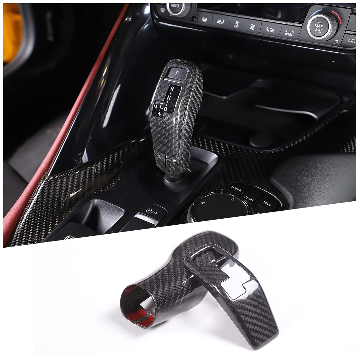 FgtagtalReal Carbon Fiber Gear Shift Head Cover and Front Head Cover Set Fit for Toyota Supra GR A90 A91 MK5 2019-2022, Gear Shifter Knob Cover Protector Trim Cap Sticker, 2PCS-Black