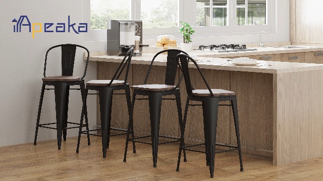 Butacos giratorios de bar de 24 pulgadas, juego de 4 sillas de altura para mostrador con estructura metálica y asiento de madera, estilo granja moderna para isla de cocina o comedor miniatura 7