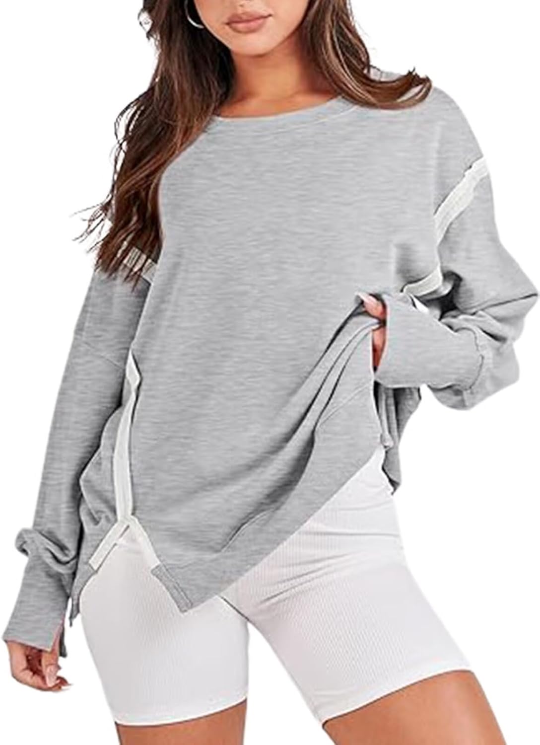 Bornpom Oversized Sweatshirt Crewneck Sweatshirts Long Sleeve Shirts Slit Pullover Top Solid Color Preppy Clothes - Image 4