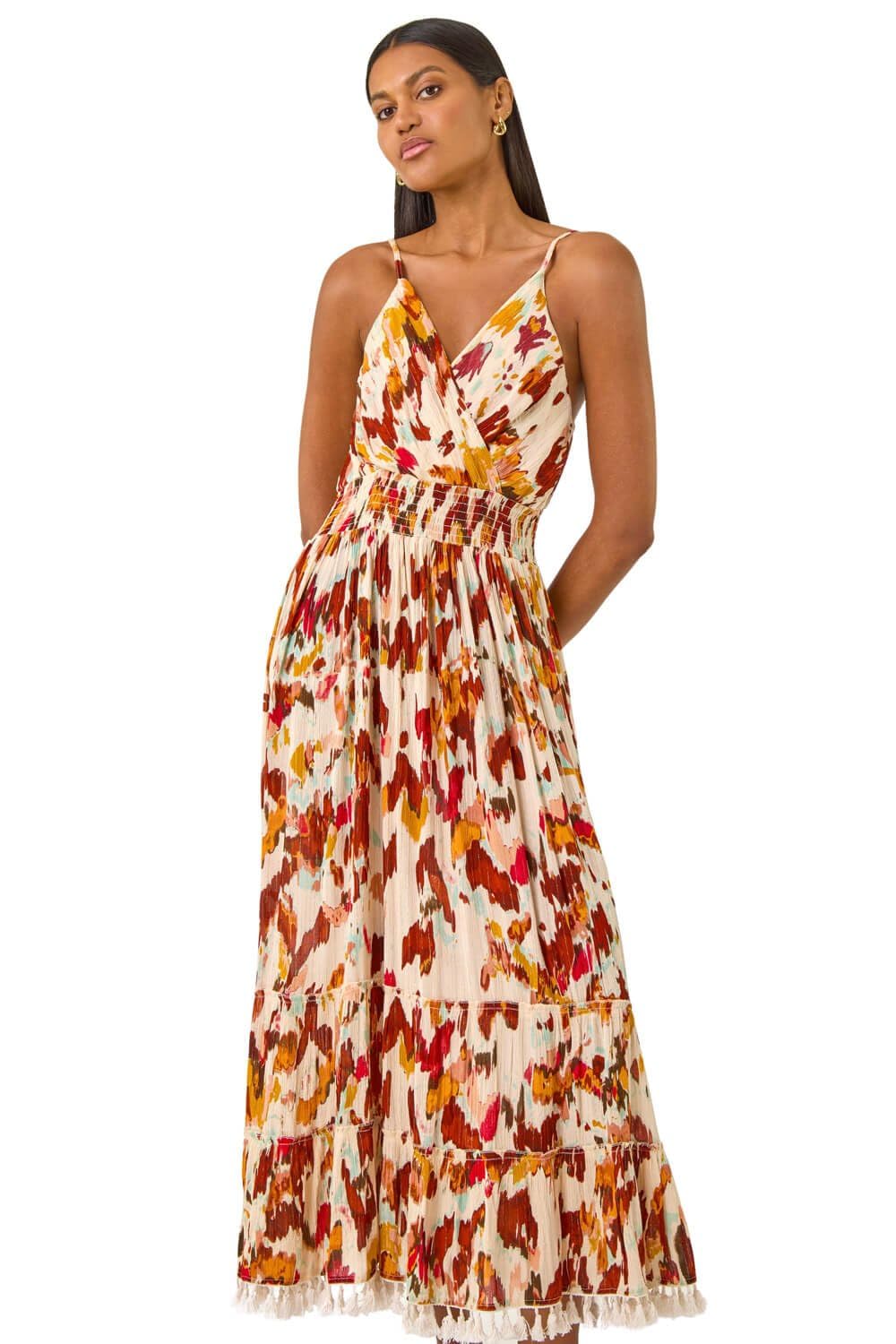 Roman Originals Women's Rust Roman Metallic Leaf Print Shirred Maxi Dress For Uk - Spring Everyday Summer Holiday V-Neckline Comfy Sleeveless Soft Fit & Flare Frock Vacation Beach Gowns - Size 18