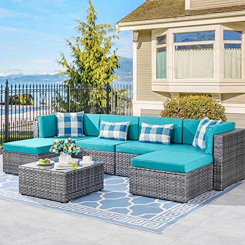 Shintenchi 7 Pieces Ottoman Outdoor Patio Sectional Sofa Couch, Silver Gray Pe Wicker Furniture Conversation Sets With Washable Cushions & Glass Coffee Table For Garden, Poolside, Backyard Blue #TOP2