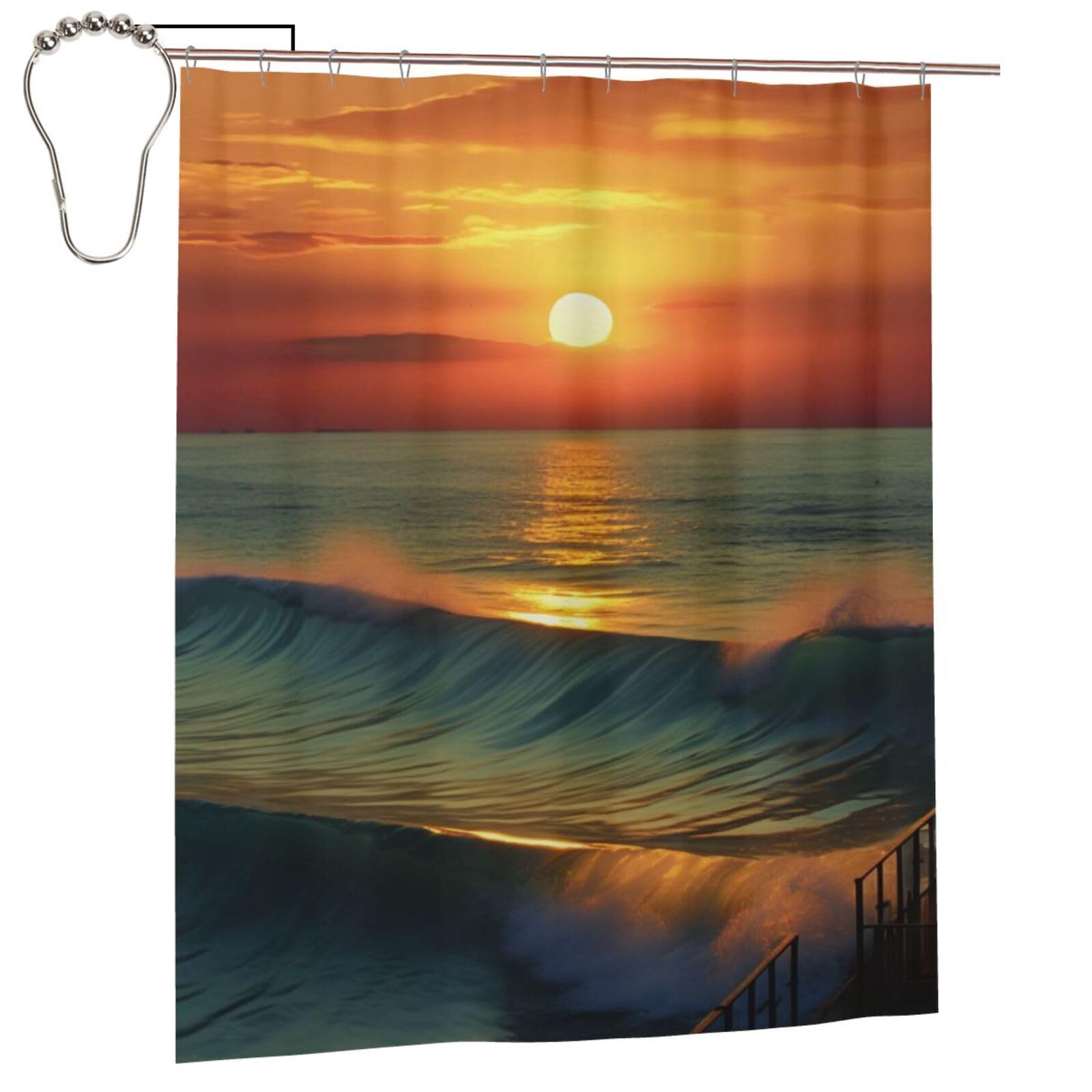 BWWHCCTI Sunset Seaside Printed Shower Curtain With 12 Iron Hooks Opaque Quick Drying Waterproof Shower Curtains Sets For Bathroom 152x183 Cm