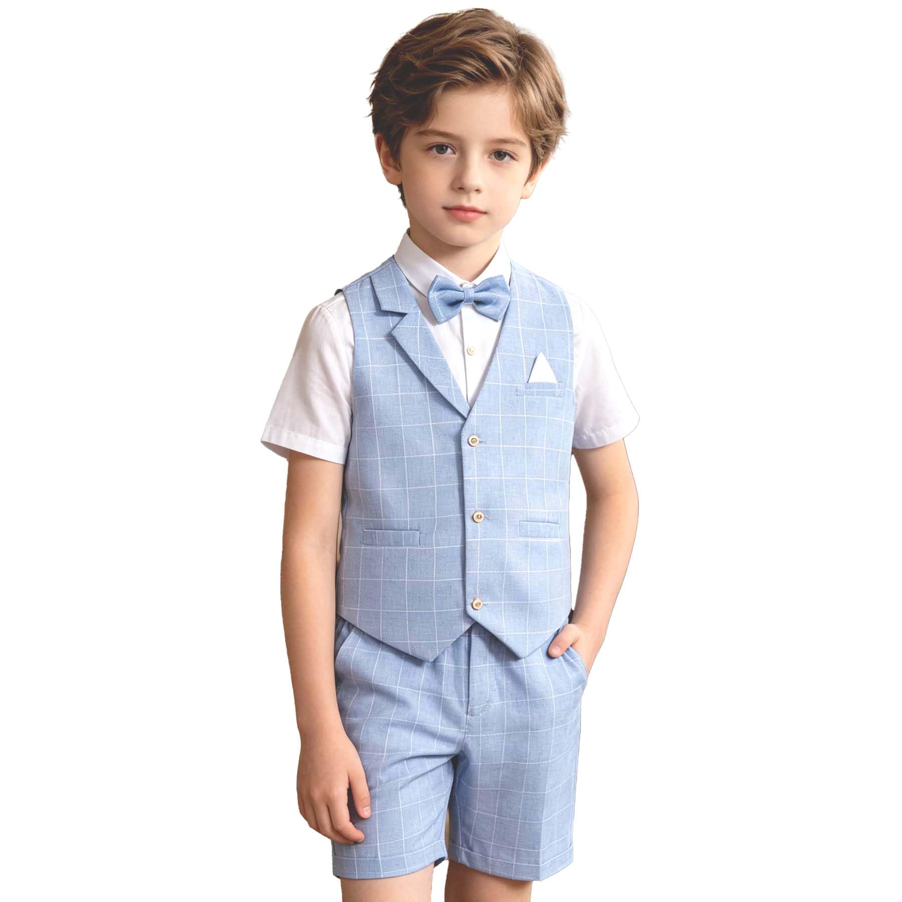LOLANTA 4PZ Completo Cerimonia Bambino, Abito Bimbo Estivo con Gilet Pantalone Camicia e Papillon per 2-12 Anni