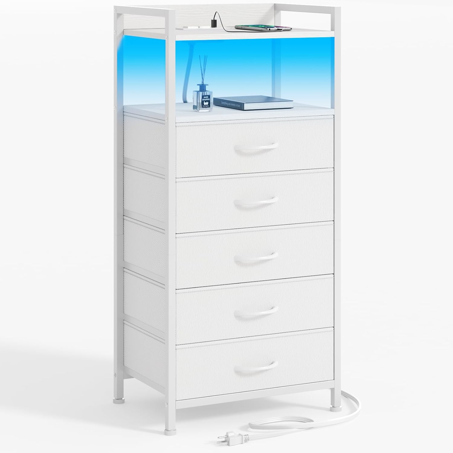 Furnulem White Nightstand with 5 Storage Drawer, Tall Dresser for Bedroom with Led Light and Charging Station, Side Table Nightstand for Closet, Fabric Bins, Metal Frame, Wood Shelf(White)