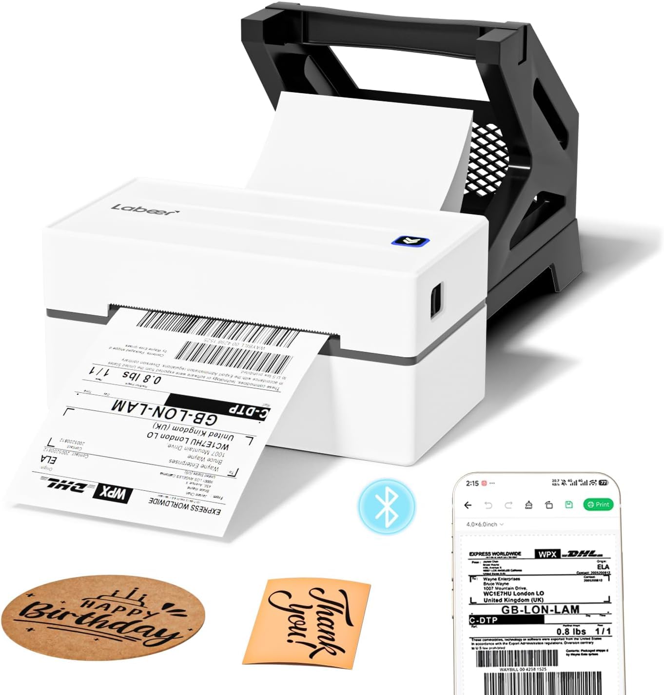 Labeer Stampante termica per etichette di spedizione, stampante Bluetooth 4x6 per piccole imprese e pacchi di spedizione, compatibile con Android, iOS, Windows, Mac, Chromebook, USPS, Ebay, Shopify e