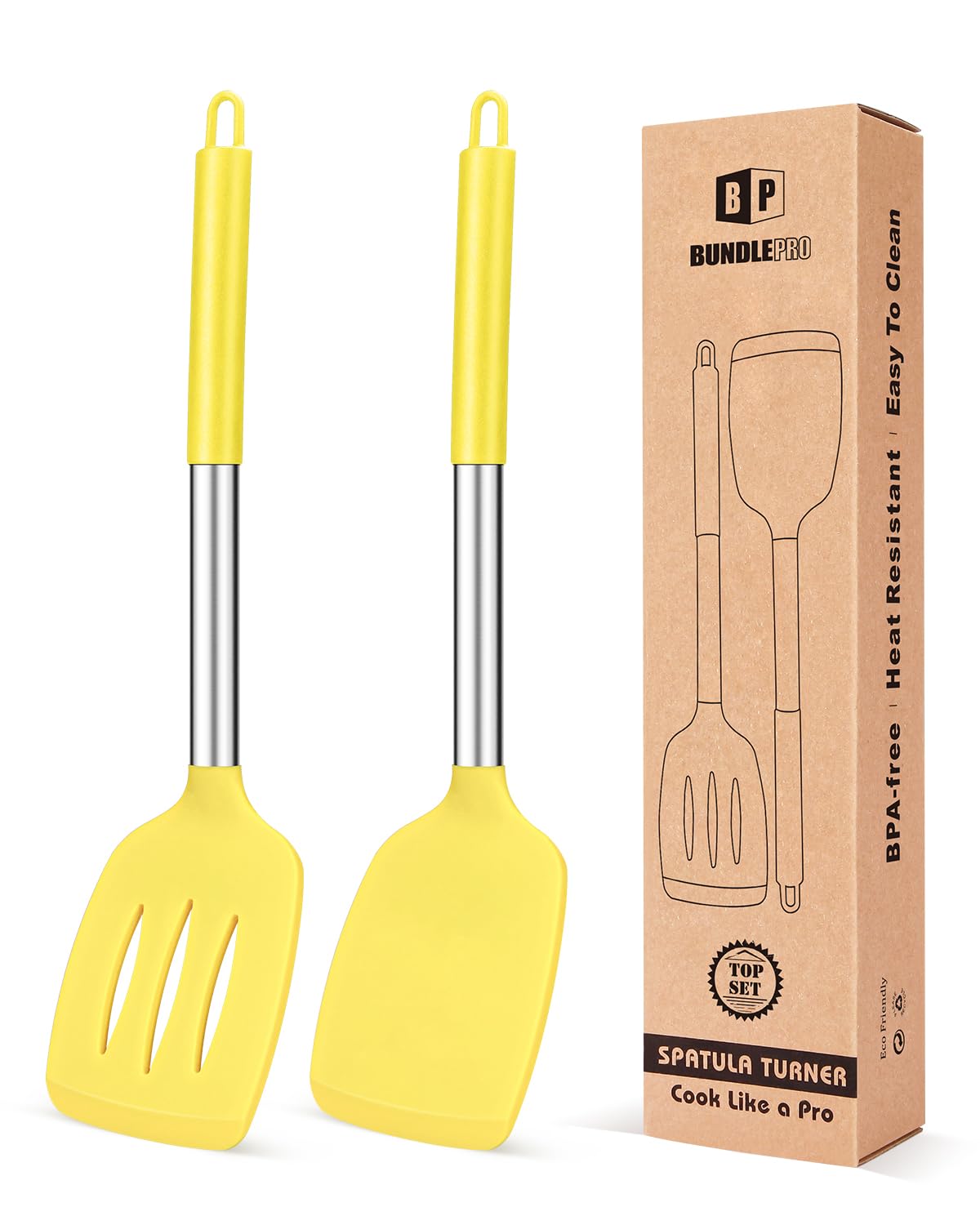 Pack of 2 Silicone Solid Turner, Non Stick Slotted Kitchen Spatulas, High Heat Resistant BPA Free Cooking Utensils, Ideal Cookware for Fish, Eggs, Pancakes(Yellow)