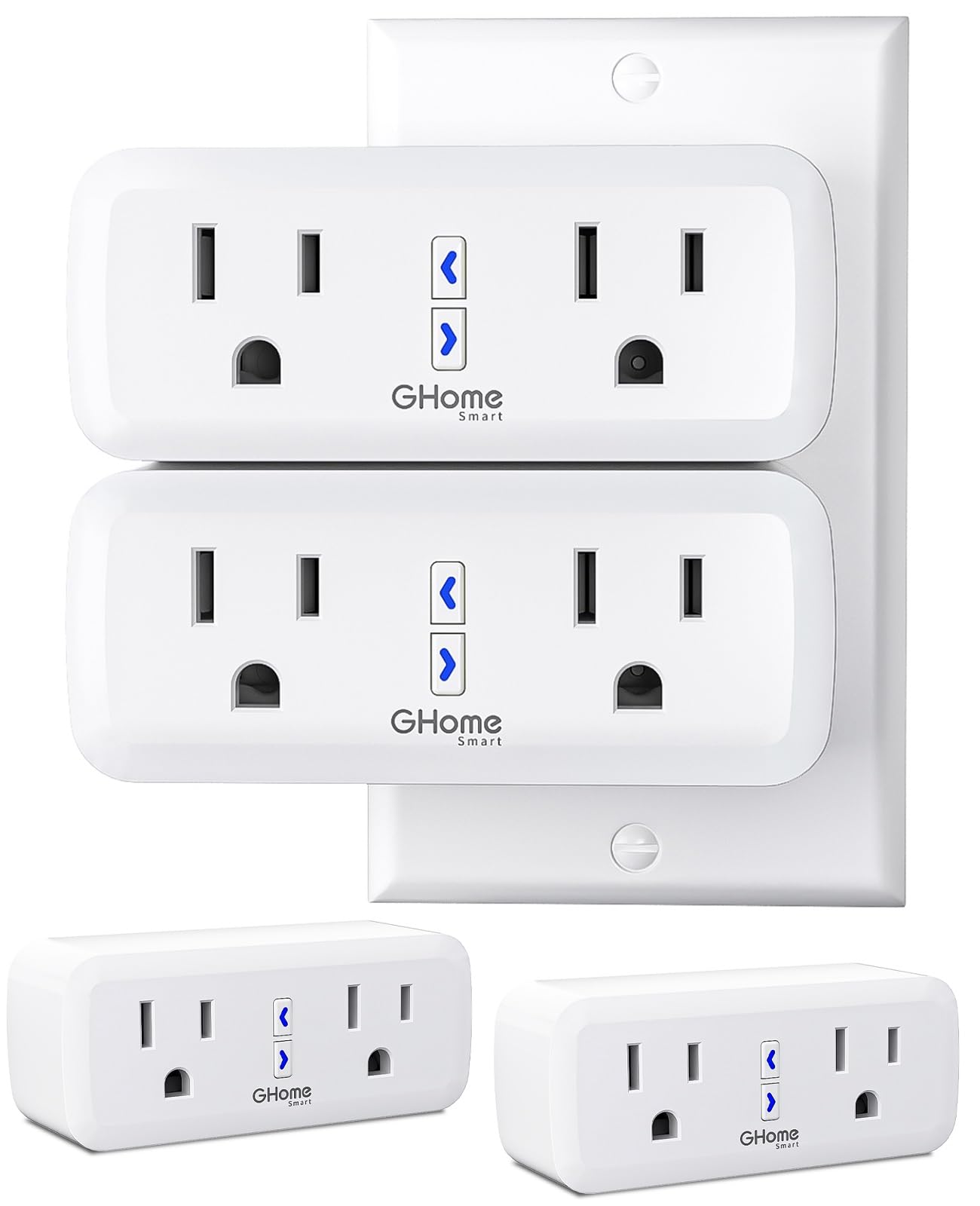 15A Dual Smart Plug 4 Pack, GHome Smart Plugs that Work with Alexa and Google Home, 2-in-1 Compact Smart Outlet Timer with APP Remote Control, 2.4GHz Wi-Fi Only, No Hub Required, FCC Listed