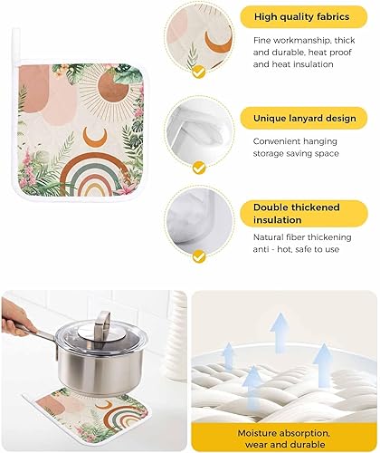 Miniatura 2 de 3 Packs Boho Leaves Floral Pot Holders Sets for Kitchen,Oven Pan Plate Bowl Pads Heat Proof Mat with Hanging Loop,Terry Cloth Potholders Soft Grip
