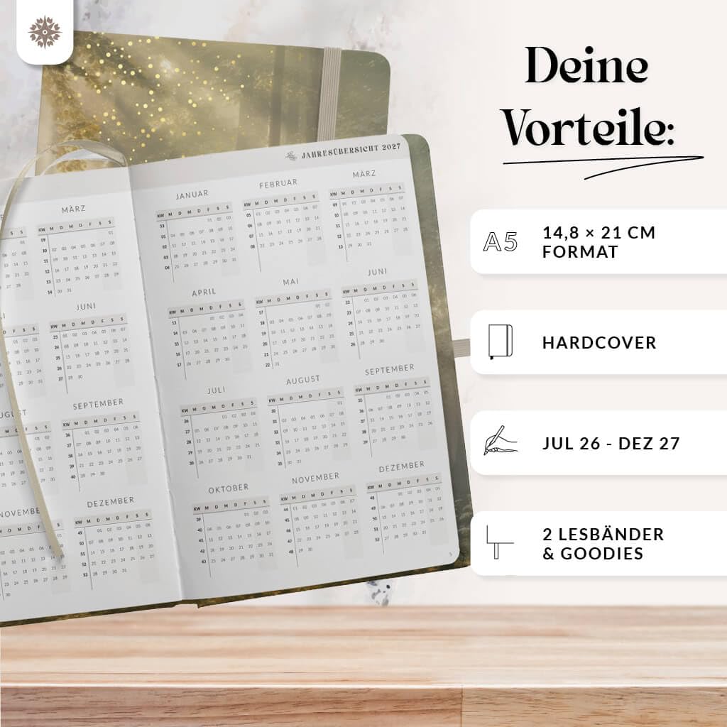 Lebenskompass® Kalender 2026 2027 A5 Wald - Terminplaner Juli 2026 bis Dezember 2027 - 18 Monate Wochenplaner & Buchkalender mit Achtsamkeit, Hardcover mit Goldprägung