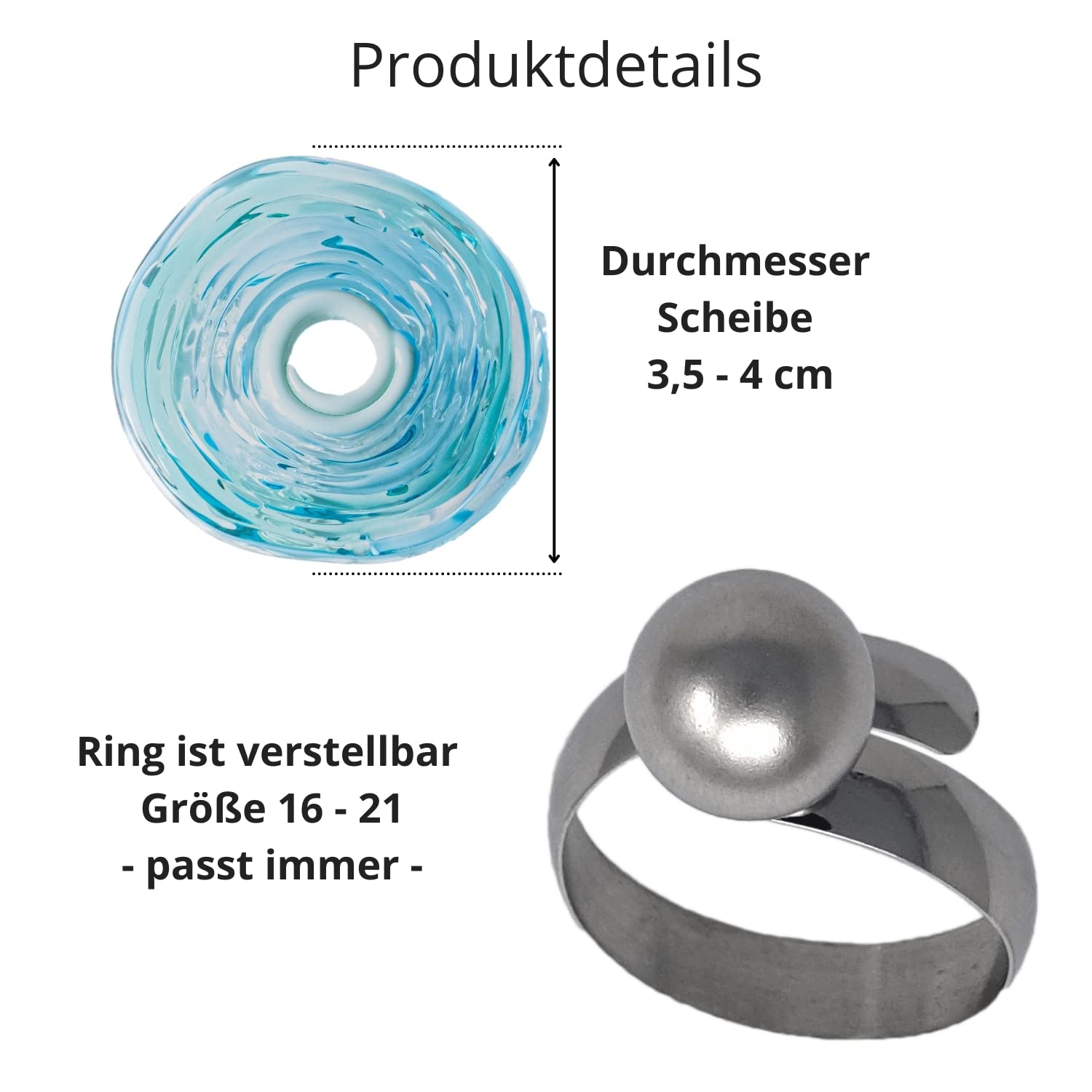 Edelstahl-Ring mit Scheibe aus Murano-Glas in türkis/PASST IMMER/verstellbar (16-21) / Wechsel-Ring/Personalisiertes Geschenk für sie zu Valentinstag Jahrestag Hochzeit Geburtstag Mama