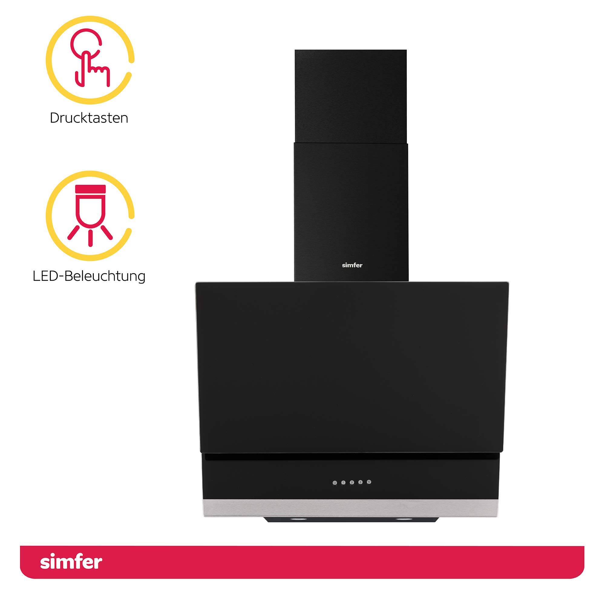Simfer Dunstabzugshaube Glas CH 5658 | 60 cm | 650 m³ /h | 3 Stufen | Druckknöpfe | Wandhaube | Kaminhaube | Schräghaube | Alu-Filter | 2x LED | Teleskopkamin Schwarz