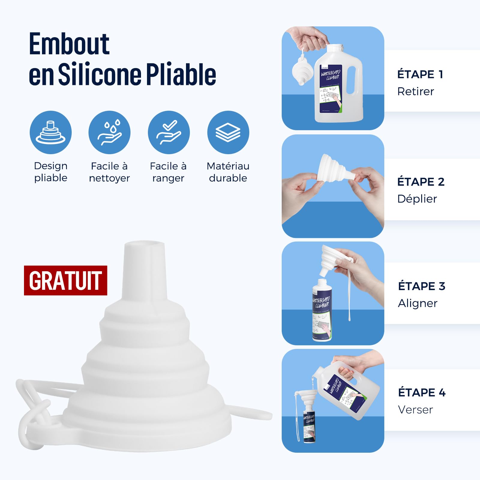 loukin Recharge de nettoyant pour tableau blanc 1 l avec entonnoir en silicone pliable, spray de nettoyage à sec, élimine les taches tenaces, non toxique et sans odeur