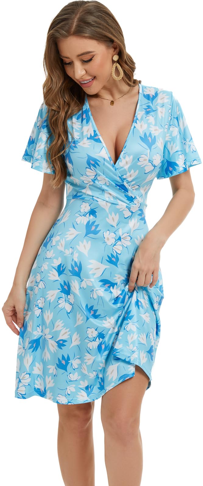 Women Casual Summer Dress 2025 Beach Vacation Floral Sundress Short Sleeve Wrap V-Neck Modest Dresses