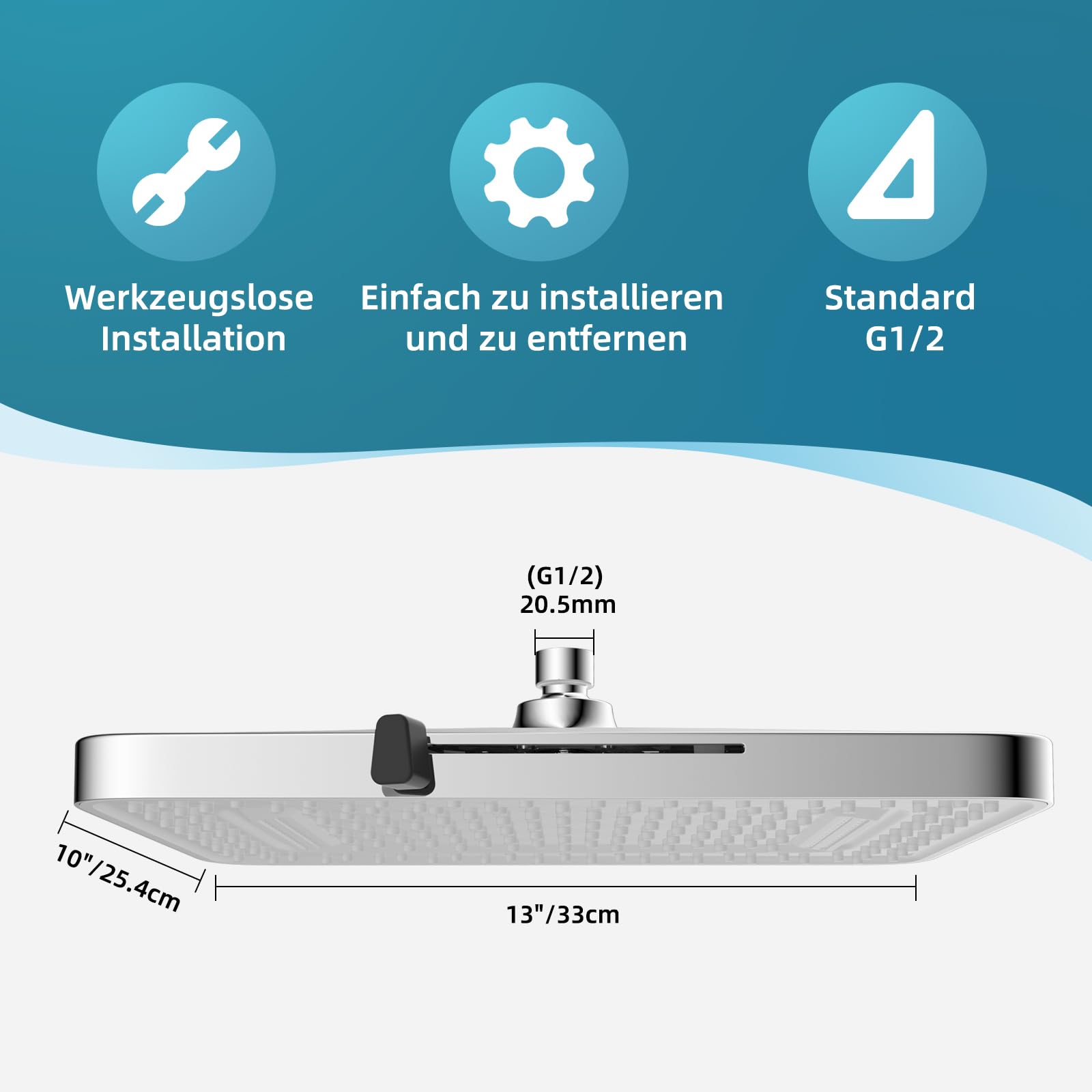 Hibbent Regen-Duschköpfe, 13 Zoll, 5 Sprüher Regenfall-Duschkopf, quadratische Einbau-Duschköpfe, schwenkbarer Strahlwinkel, üppiges Duscherlebnis, einfache Installation,Weiß