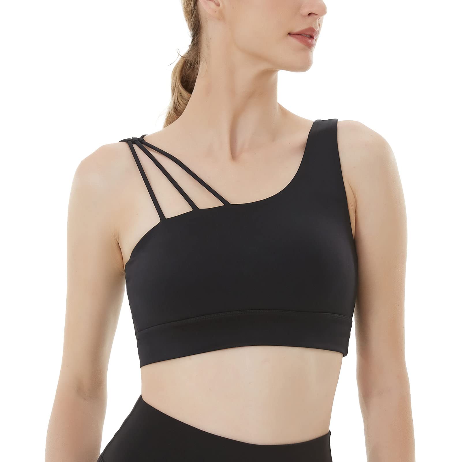 TransmayCloudEase Asymmetric Sports Bra - Unique Design, Tech Fabric for Ultimate Comfort and Style Black S