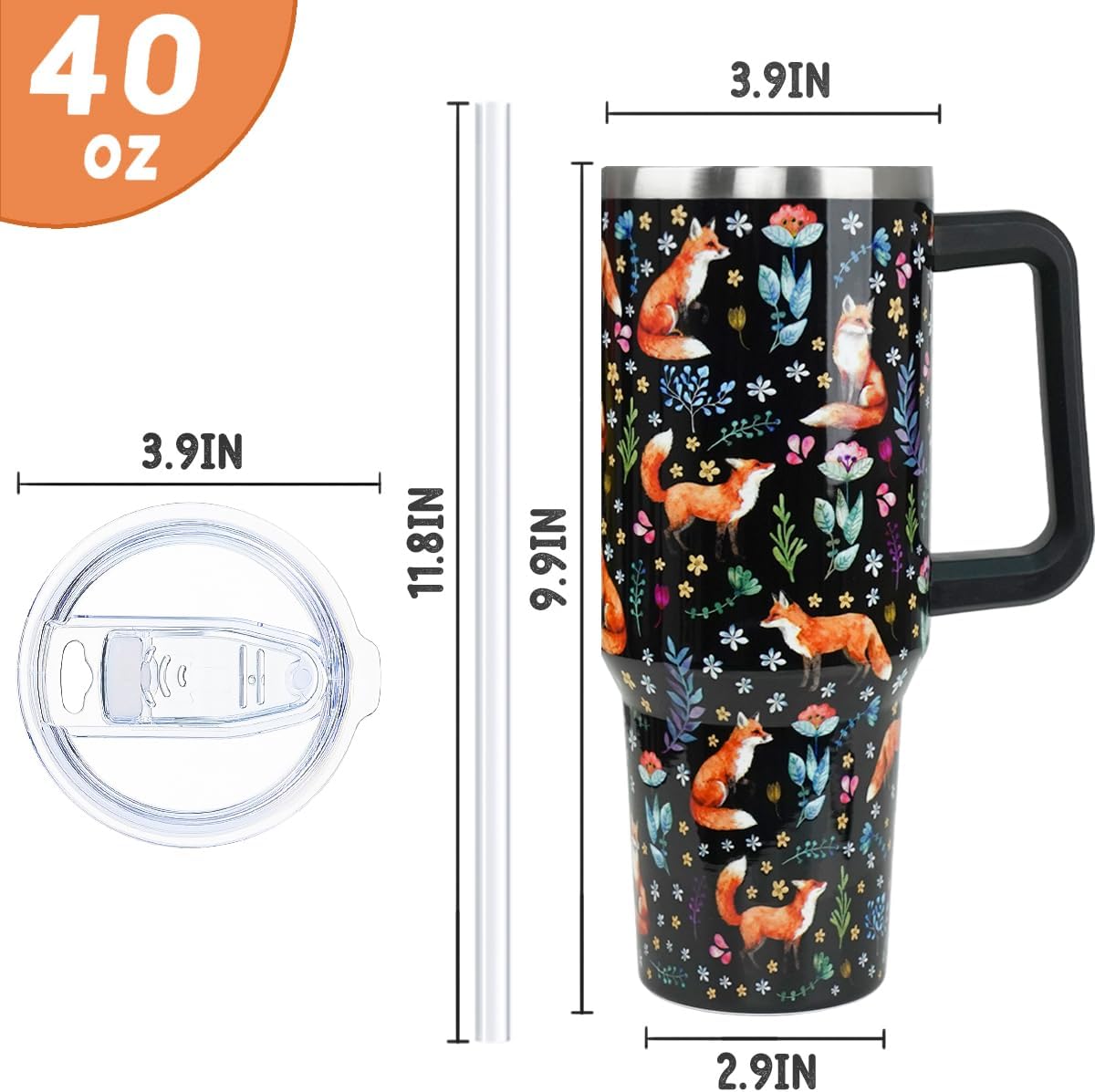 Fox Tumbler 40oz Cute Foxes Theme Watercolor Flowers Cups Coffee Travel Mugs Insulated Cup with Handle and Straw Water Bottle Fall Winter Decor Gifts for Women - Image 4