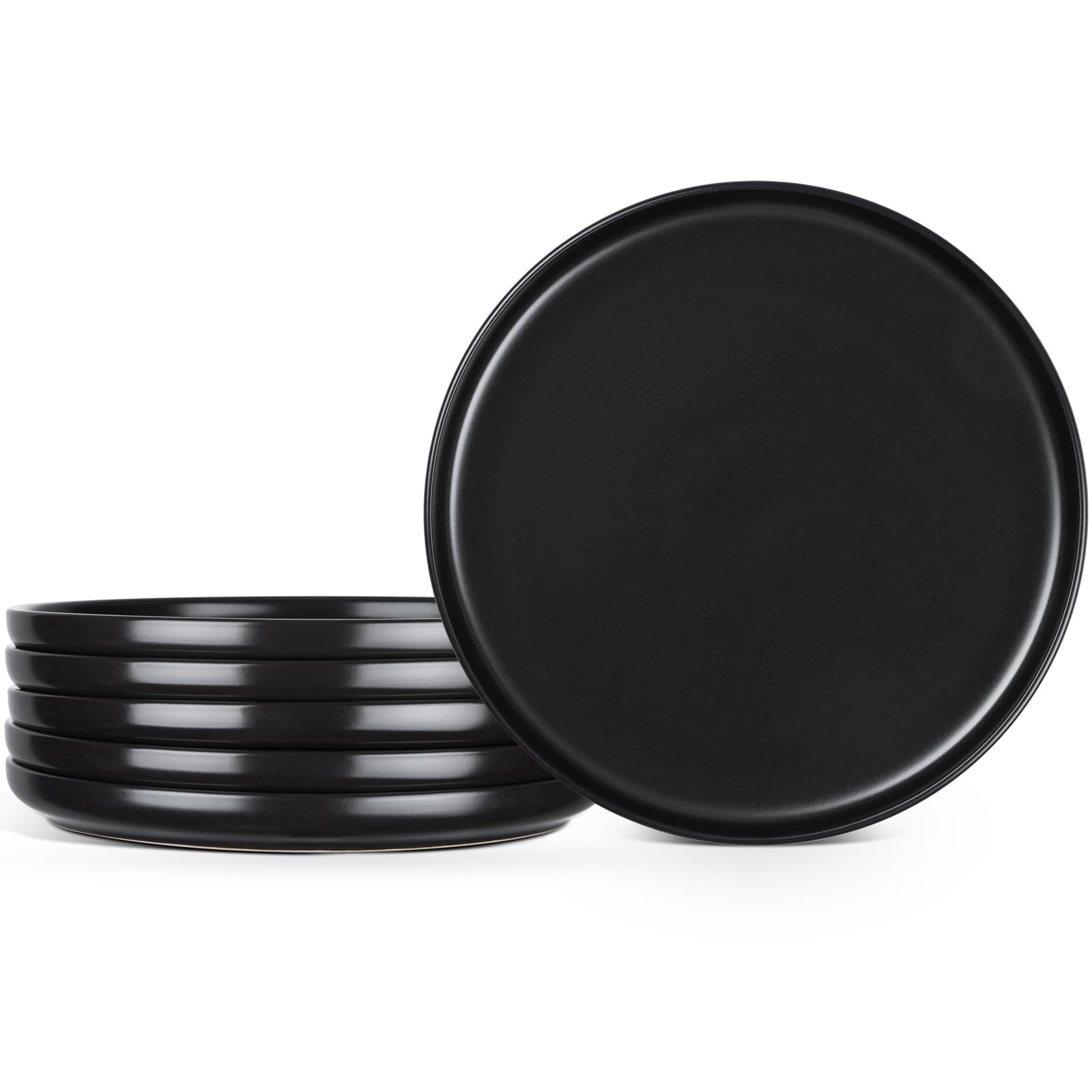 E-far 10.2” Stoneware Dinner Plates Set of 6, Large Modern Ceramic Dishes, Round Salad Plate for Home Kitchen Restaurant, Microwave &amp; Dishwasher Safe – Matte Black