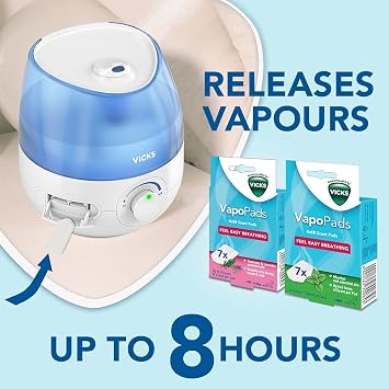 Bundle of Vicks Mini Cool Mist ultrasonic humidifier - VUL525 + VapoPads Rosemary & Lavender VBR7 + Vicks VapoPads Menthol VH7